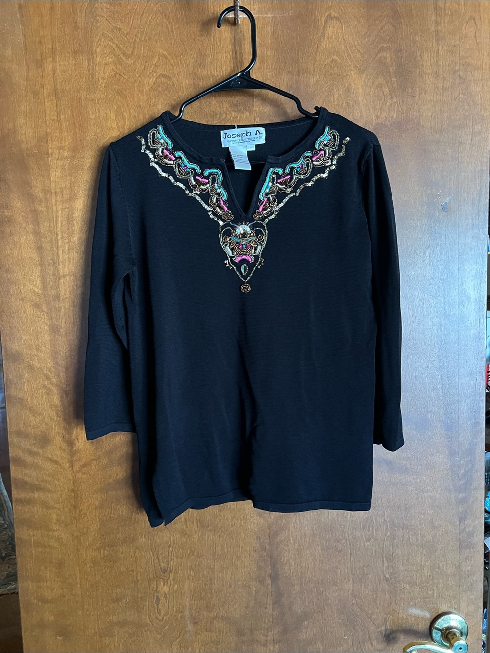 Joseph Black V-Neck Tunic with Multicolor Embellished Yoke